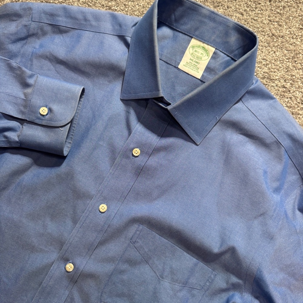 Brooks Brothers Dress Shirt Men 16.5 35 Blue Supima Cotton Milano Non Iron Dress